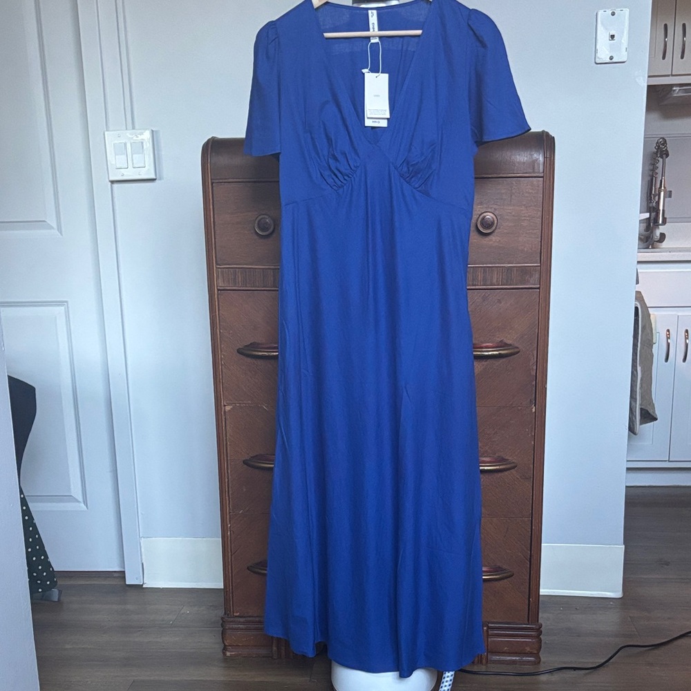 Mango 100% Linen Puff Sleeve Maxi Dress Blue Size 8 / Large